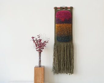 Small hand woven wall hanging. Tall, fluffy, vertical abstract landscape woven art. Nature inspired, narrow decoration for small rooms.