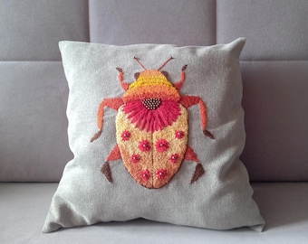 Hand-Embroidered Pillow Cover with Beetle Motif, Gift for Entomologist, Unique Insect Art Decor, Special Piece for Beetle Enthusiast.