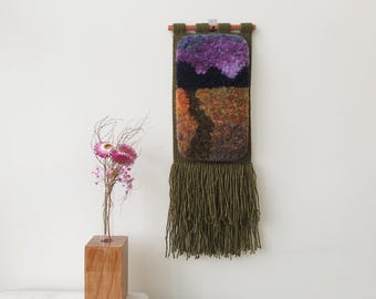 Nature inspired autumn landscape woven wall decor. Small, narrow hand woven wall hanging. Fluffy, vertical abstract landscape woven art.
