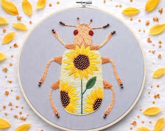 Floral Beetle Embroidery Hoop Art, Sunflower Insect Wall Decor