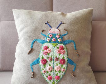 Hand-Embroidered Pillow Cover with Beetle Motif, Gift for Entomologist, Unique Insect Art Decor, For Beetle Lovers and Insect Admirers.