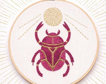 Embroidered Scarab Beetle Hoop – Symbolic Handmade Wall Art, Egyptian Inspired Fiber Decor
