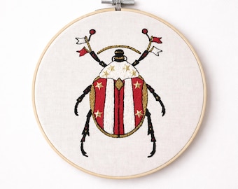 Hand-Embroidered Circus Beetle Wall Art, Gift for Entomologist, Unique Insect Art Decor, For Beetle Lovers and Insect Admirers.