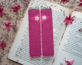 Set of two small berry pink handwoven bookmarks with flowers.  Gift for teacher, librarian, bookworm, friend, sister, mother, coworker.