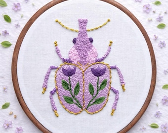 Floral beetle embroidery wall decor. Botanical insect decoration. Gift for a beetle lover, insect enthusiast, entomologist, nature admirer.