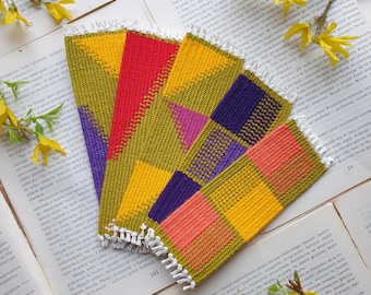 Set of 5 colorful hand woven bookmarks for paper book lovers. Gift for teacher, librarian, bookworm, coworker, book nerd. Bookmarks bundle.