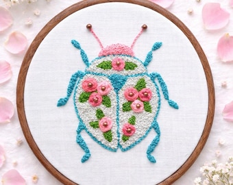 Floral beetle embroidery wall decor. Botanical insect decoration. Gift for a beetle lover, insect enthusiast, entomologist, nature admirer.