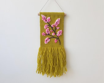 Mini Woven Wall Hanging: Embroidered Sakura Flower Tapestry