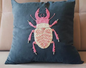 Hand-Embroidered Pillow Cover with Beetle Motif, Gift for Entomologist, Unique Insect Art Decor, Special Piece for Beetle Enthusiast.