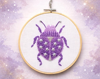 Beetle embroidery wall decor. Botanical insect decoration. Gift for a beetle lover, insect enthusiast, entomologist, nature admirer.