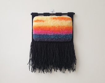 Small hand woven wall hanging. Fluffy abstract sunset woven art. Nature inspired decoration for small rooms. Sunset landscape artwork.