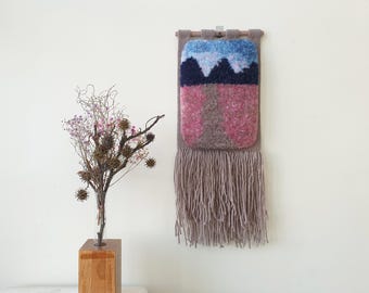 Small hand woven wall hanging. Fluffy, beige vertical abstract landscape woven art. Nature inspired,unique decoration for small rooms.
