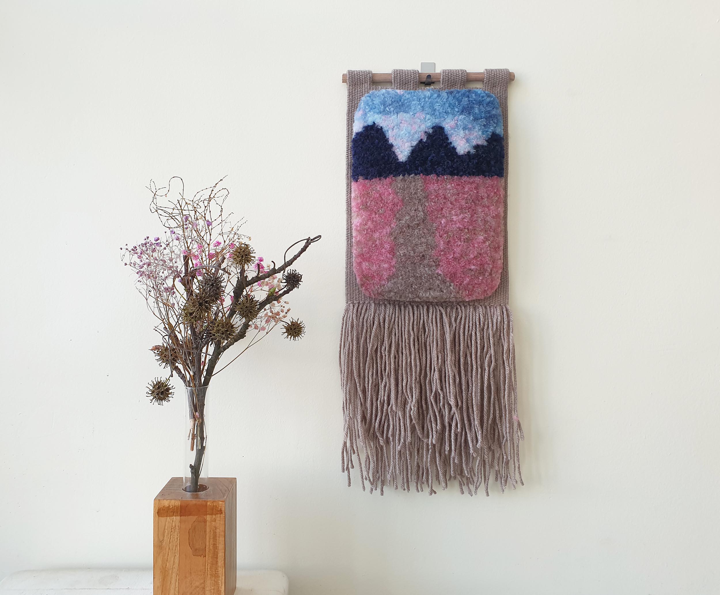 Small Hand Woven Wall Hanging. Fluffy, Beige Vertical Abstract Landscape Art. Nature Inspired, Unique Decoration For Small Rooms