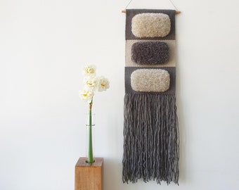 Small olive green and beige woven wall hanging. Narrow, vertical handwoven decoration. Small space boho wall decor for living room, hallway