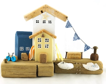 Handmade Driftwood Beach House Scene: Coastal Decor