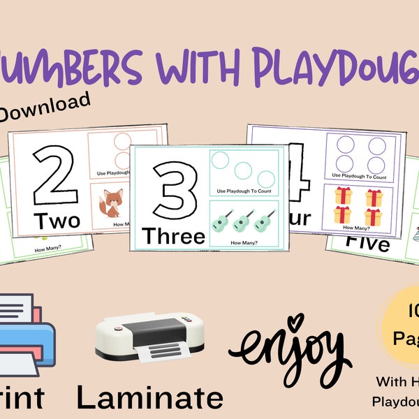 Números con plastilina, páginas de actividades para aprender jugando, imprimibles, listas para usar, diversión educativa descargable al instante.