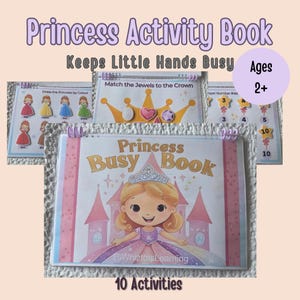 Może przedstawiać: Książka aktywności o tematyce księżniczek z napisem "Princess Activity Book" i "Keeps Little Hands Busy". Okładka przedstawia kreskówkową księżniczkę i zamek. Zawiera aktywności dla dzieci w wieku 2+ lat.