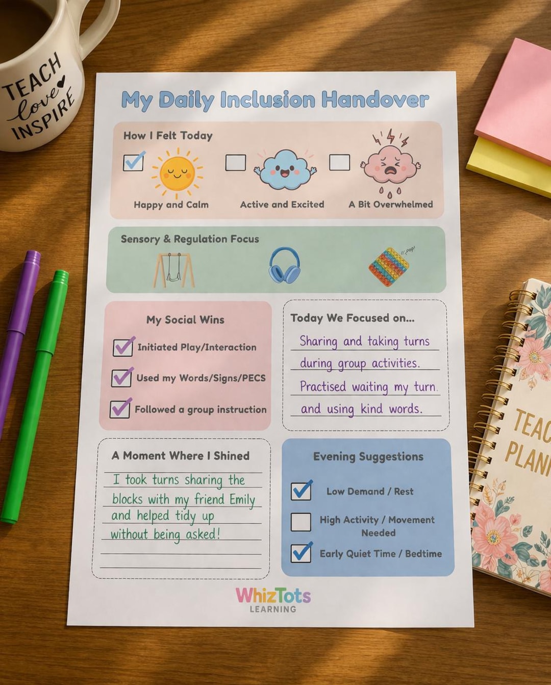 My Daily Inclusion Handover Sheet | Printable SEN Communication Tool ...