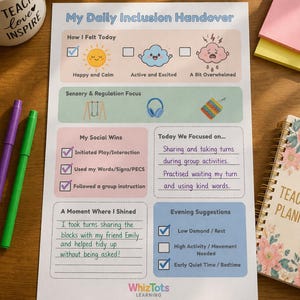 May include: A printed "My Daily Inclusion Handover" worksheet with sections for tracking feelings, social wins, and evening suggestions. Includes illustrations of a sun, cloud, and storm cloud. Also includes a mug that says "Teach love Inspire".