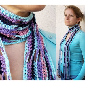 Crochet cotton scarf Knit summer scarf Stylish blue women&#39;s extra long scarf Beach scarf Crochet scarves Comfortable light scarf Handmade