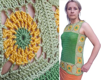 Häkel Top mit Sonnenblume: Handgemachte Baumwoll Strick Weste, Grün geblümter Pulli