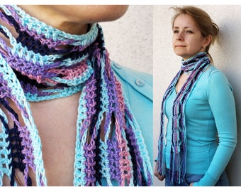 Crochet cotton scarf Knit summer scarf Stylish blue women's extra long scarf Beach scarf Crochet scarves Comfortable light scarf Handmade