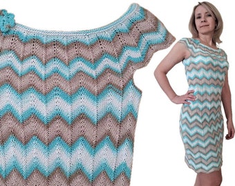 Chevron Knit Cotton Mini Dress: Sleeveless Pastel Summer Dress