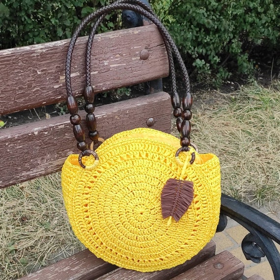 Crochet redondo bolsa de punto bolsa de madera con - Etsy