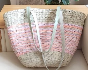 Handmade Raffia Crochet Tote Bag: Green & Pink Market Bag