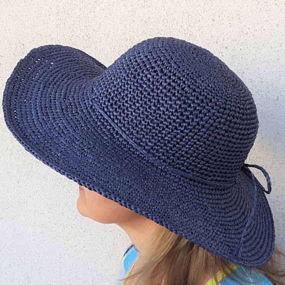 Hand-Crocheted Wide-Brim Hat in Navy Blue Dark Solid Navy Blue Cotton Crochet Knit Summer Hat Womens  main image 2