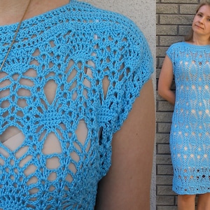 Knit dress Short sleeve dress Knitted crochet dress Summer cocktail dress Blue dress Midi dress Beach dress Gift for her Exclusive knitwear