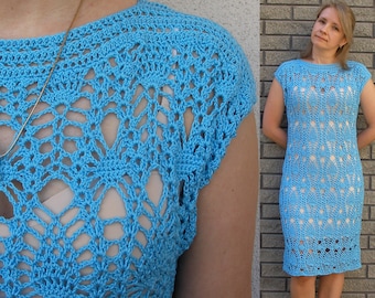 Blue Crochet Knit Midi Dress: Sleeveless Summer Cocktail Dress