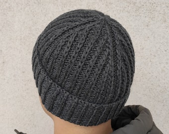 Slouchy Beanie - Hand knitted beanie - Men's knit beanie - winter knit hat - grey knit slouchy hat - chunky slouchy hat - Merino men's hat