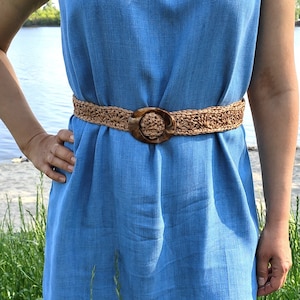 Crochet raffia belt Beige sash with stylish buckle Modern crochet Women&#39;s gift idea Beach sash Crochet for ladies Crochet accessories