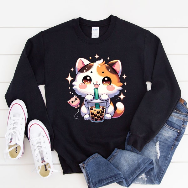 Anime Cat Boba Tea T-shirt | Kawaii Kitten Bubble Tea Shirt | Japanese Kitty Hoodie | Neko Girl Teen Sweatshirt | Tapioca Pearls Fan Sweater