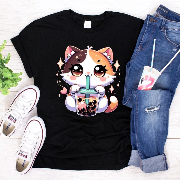 Anime Cat Bubble Tea T-shirt | Kawaii Kitten Boba Shirt | Japanese Kitty Hoodie | Neko Girl Teen Sweatshirt | Tapioca Pearls Fan Sweater