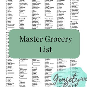 May include: A "Master Grocery List" with categories such as fruits, meat, and bakery. The list is on a white background with a green overlay. The design includes the Gracelynn Rose Designs logo and a comprehensive list of food items.