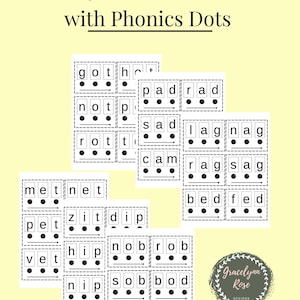 Puede incluir: Tarjetas con palabras CVC y puntos de fonética, sobre un fondo amarillo claro. Las tarjetas blancas tienen texto y puntos negros. El texto "192 CVC Words with Phonics Dots" está en la parte superior.