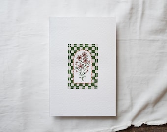 Floral Handgemalter Fine Art Giclée Druck 4x6", 5x7", 8x10", Grün Kariert