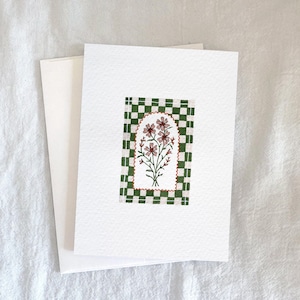 Cartão de felicitações floral pintado à mão, em branco, com dobra dupla, Fine Art, 4x5,5" vertical, xadrez verde