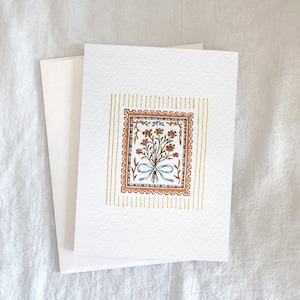Cartão de felicitações floral pintado à mão, em branco, com dobra dupla, Fine Art, 4x5,5" vertical, selo postal rosa