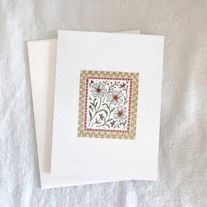 Floral Hand-Painted Blank Bi-Fold Greeting Notecard Fine Art 4x5.5" Vertical, Blue Checked