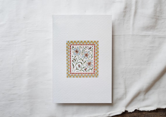 Floral Hand-Painted Fine Art Giclee Print 4x6", 5x7", 8x10", Blue Checked