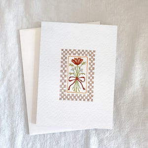 Floral Hand-Painted Blank Bi-Fold Greeting Notecard Fine Art 4x5.5" Vertical,Red, Mauve Checked Bow