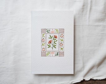 Floral Hand-Painted Fine Art Giclee Print 4x6", 5x7", 8x10", Pink Green Brown Quilt Squares