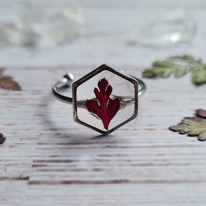 Silver Hexagon Fern Ring, Adjustable Dainty Ring, Terrarium Ring, Real Flower Resin Ring, Best Friend Gift For Her, Forest Jewellery