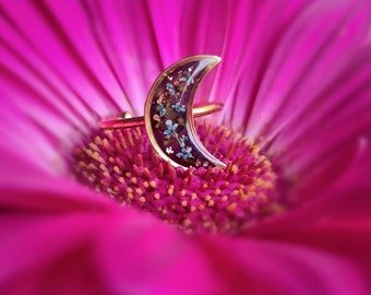 Crescent Moon Ring, Moon Flower Jewellery, Moon Gift For Her, Resin Crescent Moon, Flower Resin Ring, Witchy Jewellery, Adjustable Gold Ring