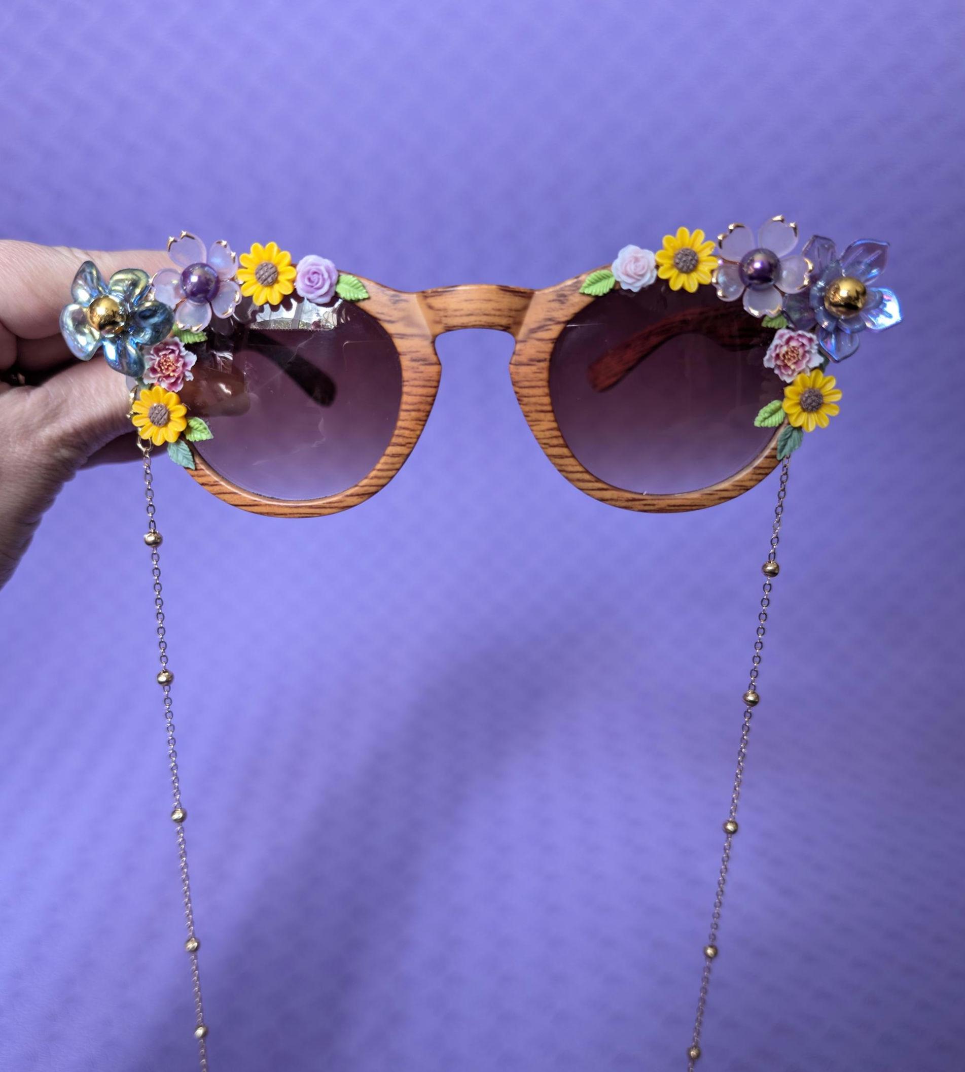 Boho Floral Festival Sunglasses With Chain, Handmade Flower  display picture 1