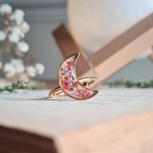 Crescent Moon Adjustable Ring, Botanical Ring, Gold Fairy Ring, Celestial Ring, Real Flower Resin Ring, Dainty Jewellery For Her, Mum Gift image 1