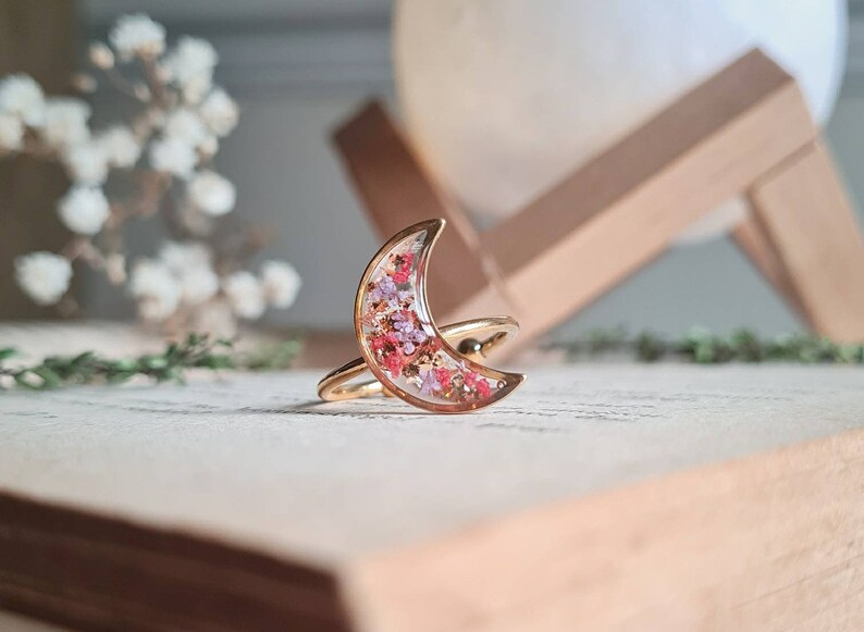 Crescent Moon Adjustable Ring, Botanical Ring, Gold Fairy Ring, Celestial Ring, Real Flower Resin Ring, Dainty Jewellery For Her, Mum Gift image 1